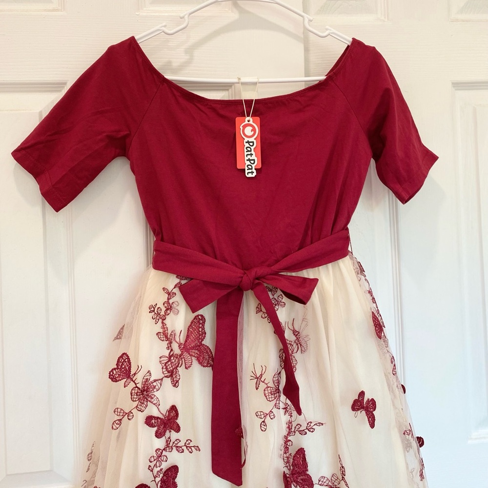 Burgundy Off-Shoulder Butterfly Embroidered Tulle / Mesh Dress, Women Size S - Picture 8 of 10